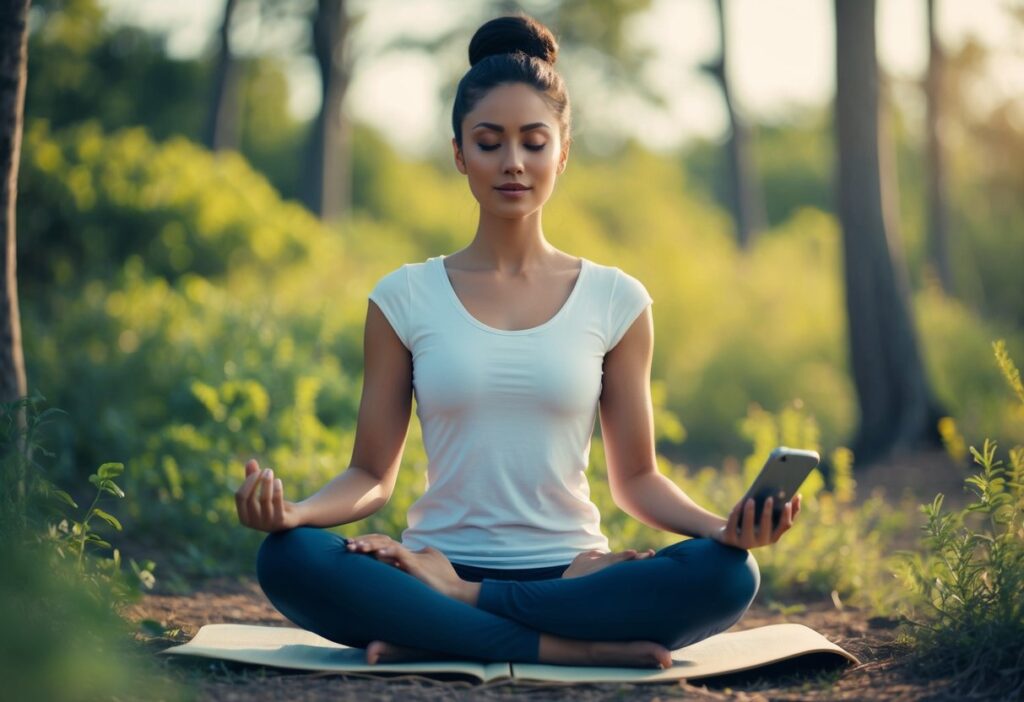 A serene figure surrounded by nature, with a smartphone set aside and a peaceful expression, engaged in mindful activities such as meditation or journaling - mindful tech use in modern times.