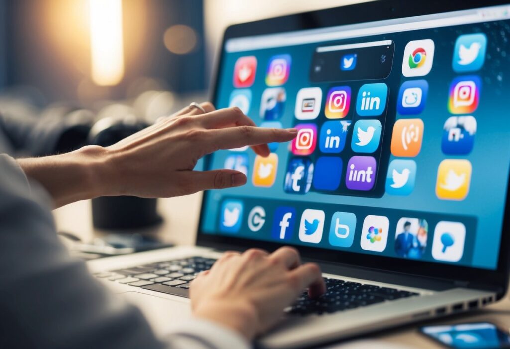 A cluttered computer screen surrounded by social media cleanse of icons, with a hand reaching out to close the browser tabs