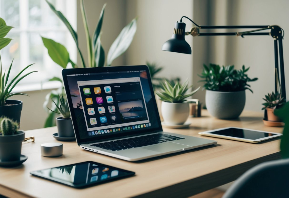 How to Do a Social Media Cleanse: Practical Tips for Improving Your Online Wellbeing 3 A cluttered desk with a laptop, smartphone, and tablet surrounded by plants and a calming atmosphere