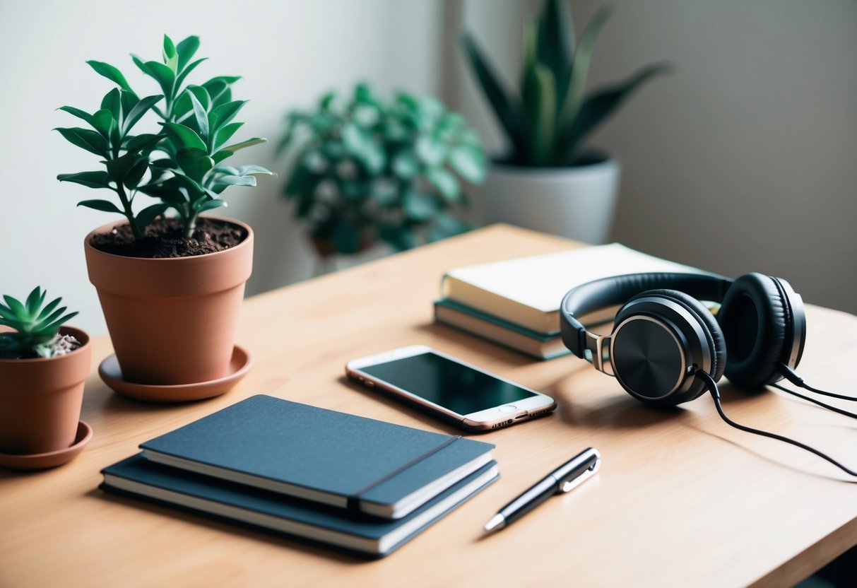 How to Do a Social Media Cleanse: Practical Tips for Improving Your Online Wellbeing 4 A serene, clutter-free desk with a potted plant, a notebook, and a pen. A smartphone sits unplugged, surrounded by a pile of books and a pair of headphones