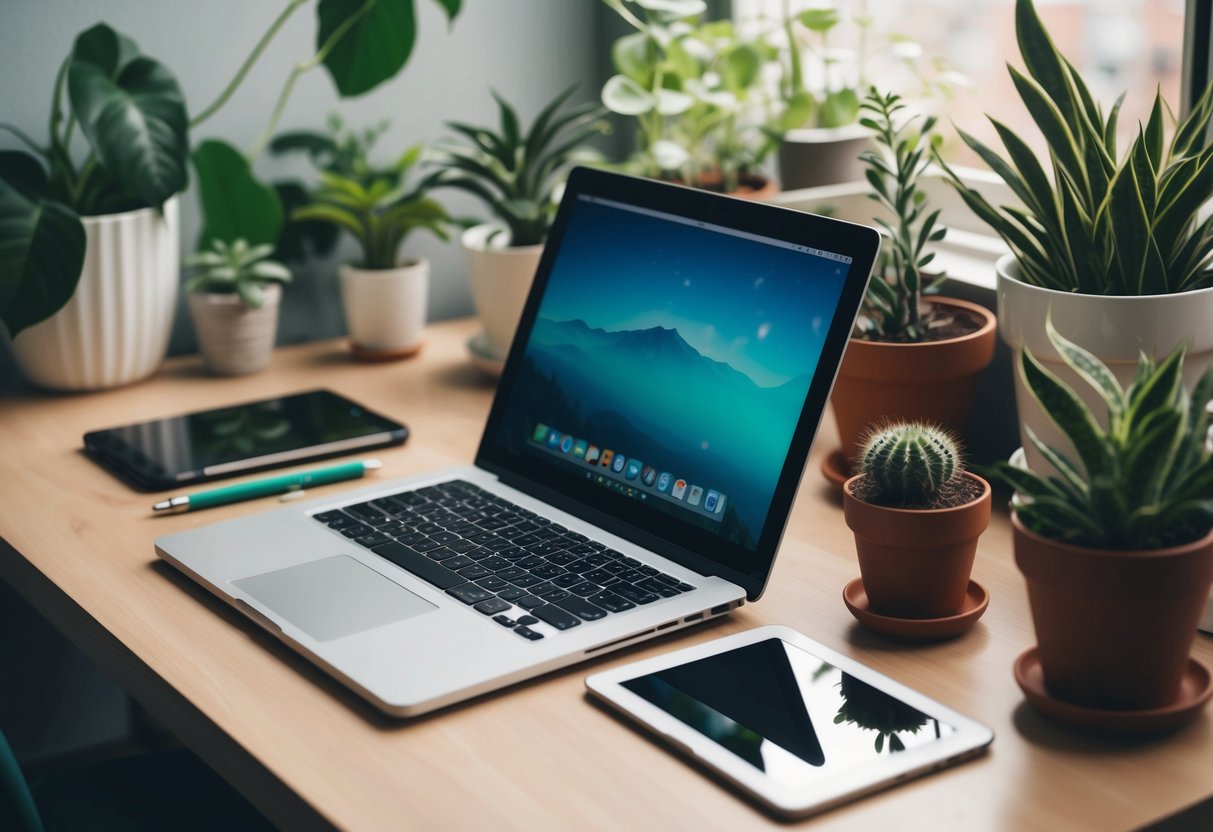 How to Do a Social Media Cleanse: Practical Tips for Improving Your Online Wellbeing 5 A cluttered desk with a laptop, phone, and tablet surrounded by plants and a calming color scheme