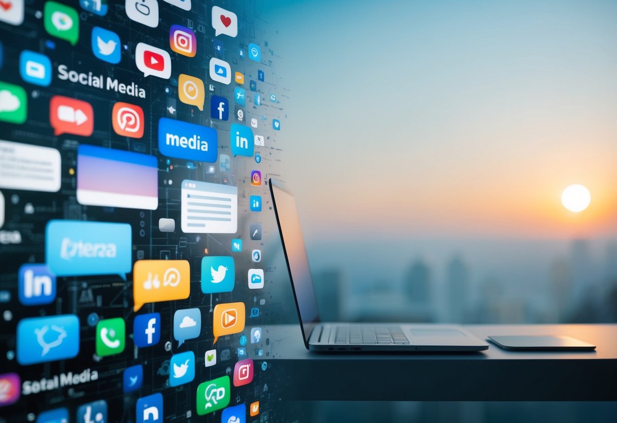 How to Do a Social Media Cleanse: Practical Tips for Improving Your Online Wellbeing 6 A cluttered, chaotic digital landscape with various social media icons and notifications, juxtaposed with a serene, minimalist space symbolizing a desire for a healthier online presence