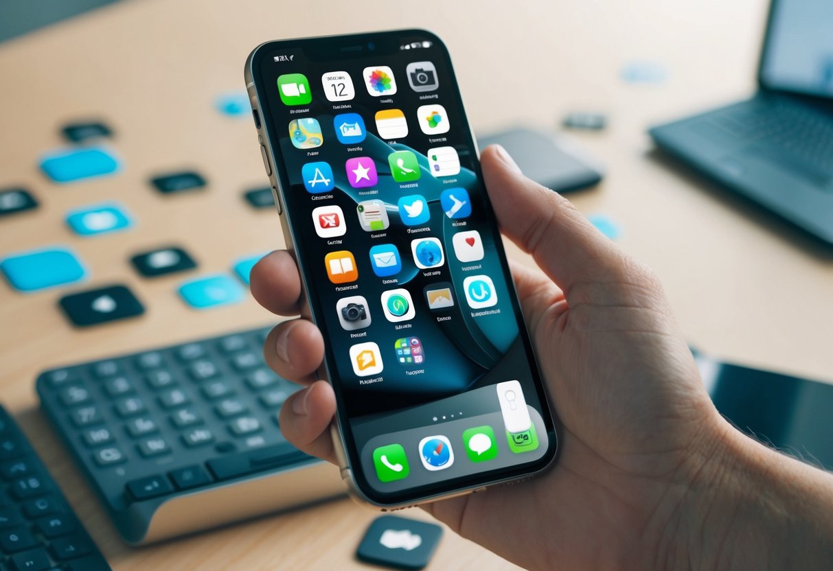 Digital Declutter Your Smartphone: Simple Steps to Organize and Boost Mental Clarity 3 A cluttered smartphone screen with scattered app icons, notifications, and files, contrasting with a clean and organized digital layout for mental clarity