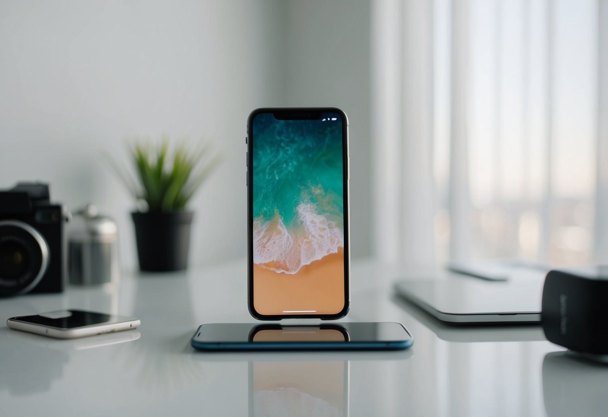 Digital Declutter Your Smartphone: Simple Steps to Organize and Boost Mental Clarity 5 A smartphone sits on a clean, uncluttered desk with a few essential items nearby. The background is simple and serene, with no distractions
